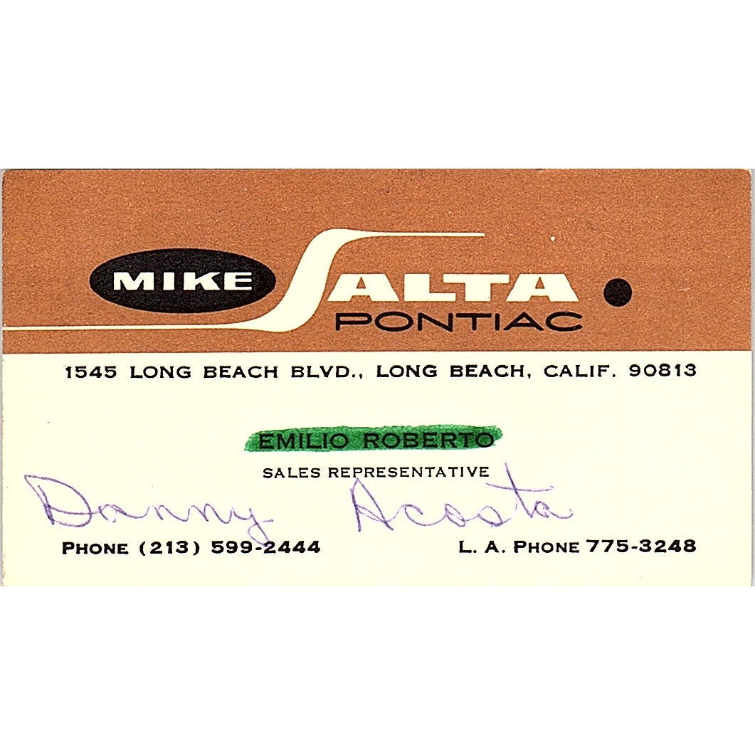Mike Salta Pontiac Danny Acosta Long Beach Vintage Business Card SD9-B11