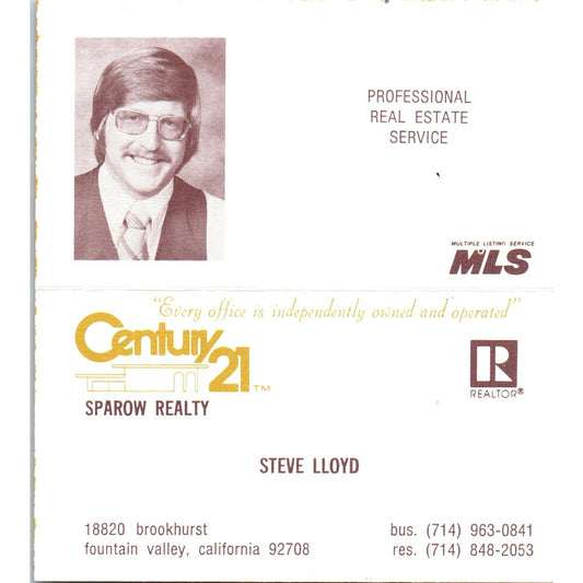 Steve Lloyd Century 21 Sparow Realty Fountain Valley CA Business Card SD4-B5