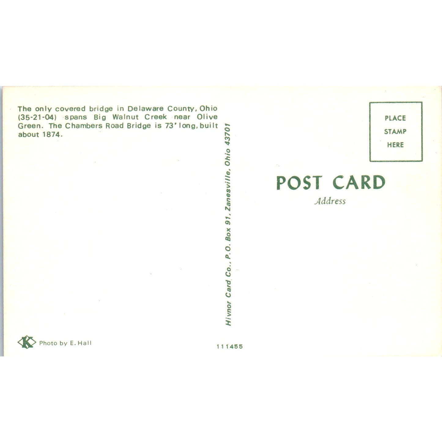 Delaware County Big Walnut Creek Ohio Covered Bridge Postcard PC2