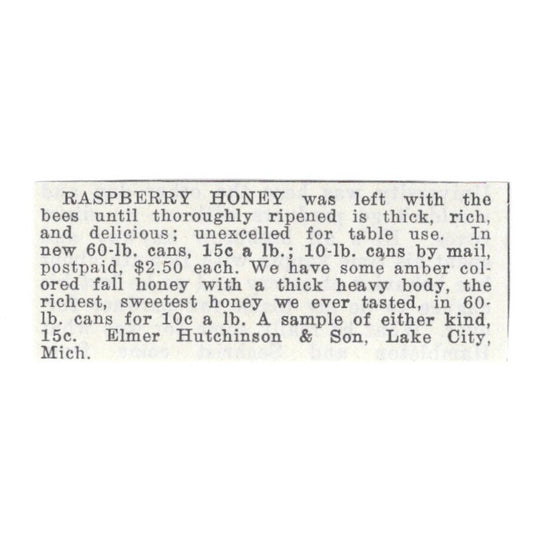 Elmer Hutchinson & Son Raspberry Honey Lake City Michigan 1926 Ad AG3-S22