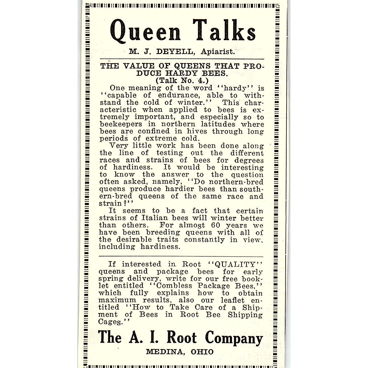 M.J. Deyell Queen Talks A.I. Root Co Medina OH 1926 Ad AG3-M8