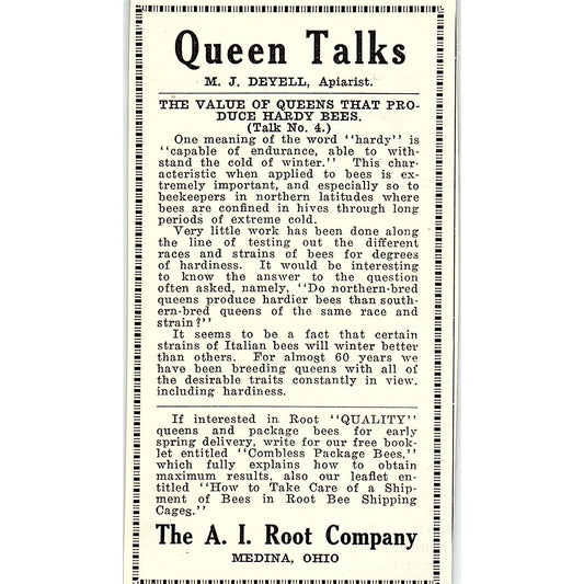 M.J. Deyell Queen Talks A.I. Root Co Medina OH 1926 Ad AG3-M8