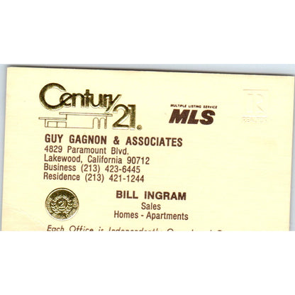 Guy Gagnon & Associates Century 21 Bill Ingram Lakewood Business Card SD8-B1