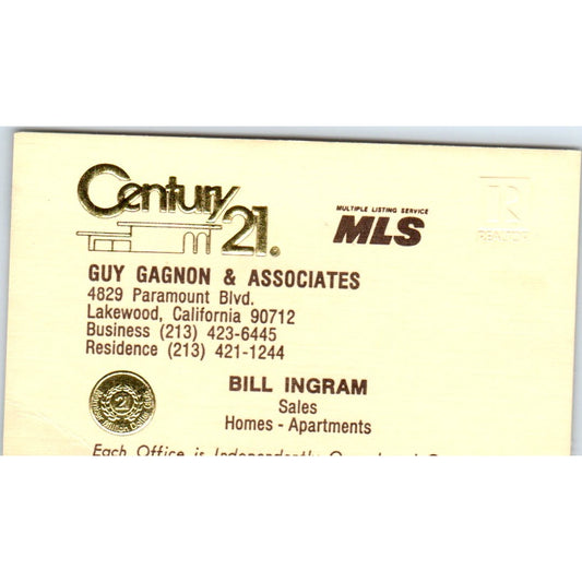Guy Gagnon & Associates Century 21 Bill Ingram Lakewood Business Card SD8-B1