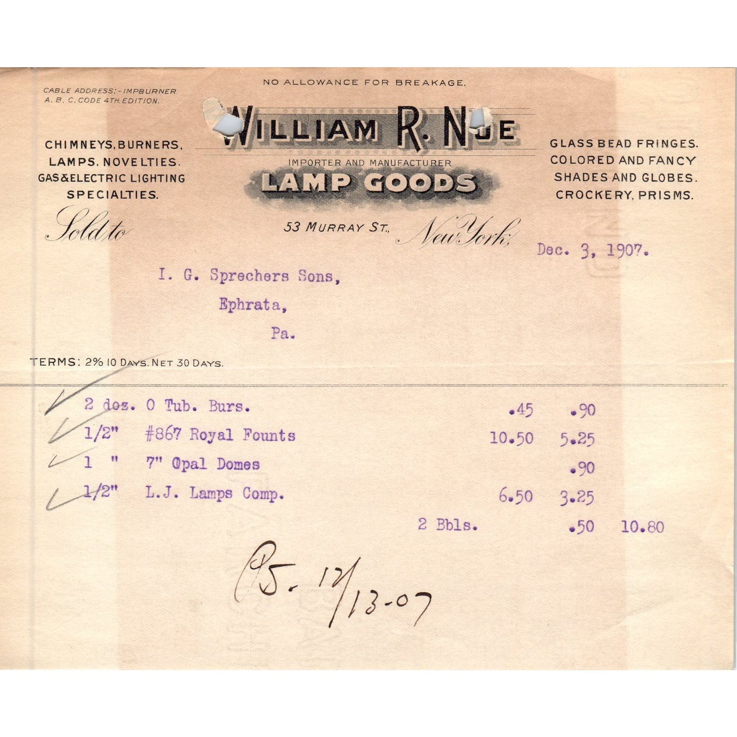 1907 William R. Noe Lamp Goods New York Letterhead Billhead Receipt D11