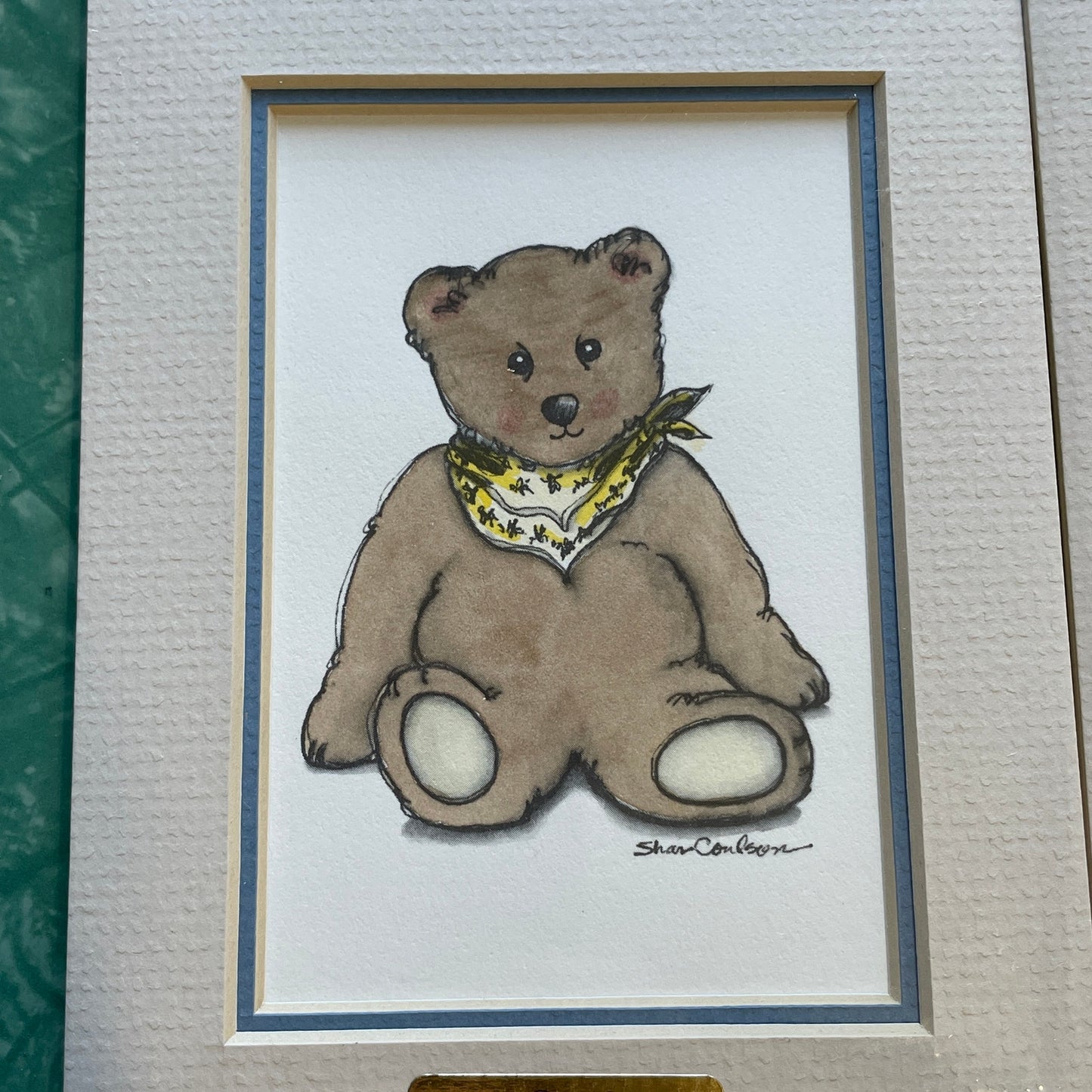 Teddy Bear Yellow Accents 5x7 Matted Print Hand Watercolor, Signed Shar Coulson