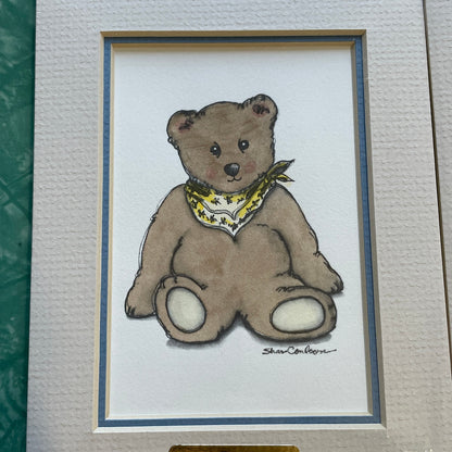 Teddy Bear Yellow Accents 5x7 Matted Print Hand Watercolor, Signed Shar Coulson