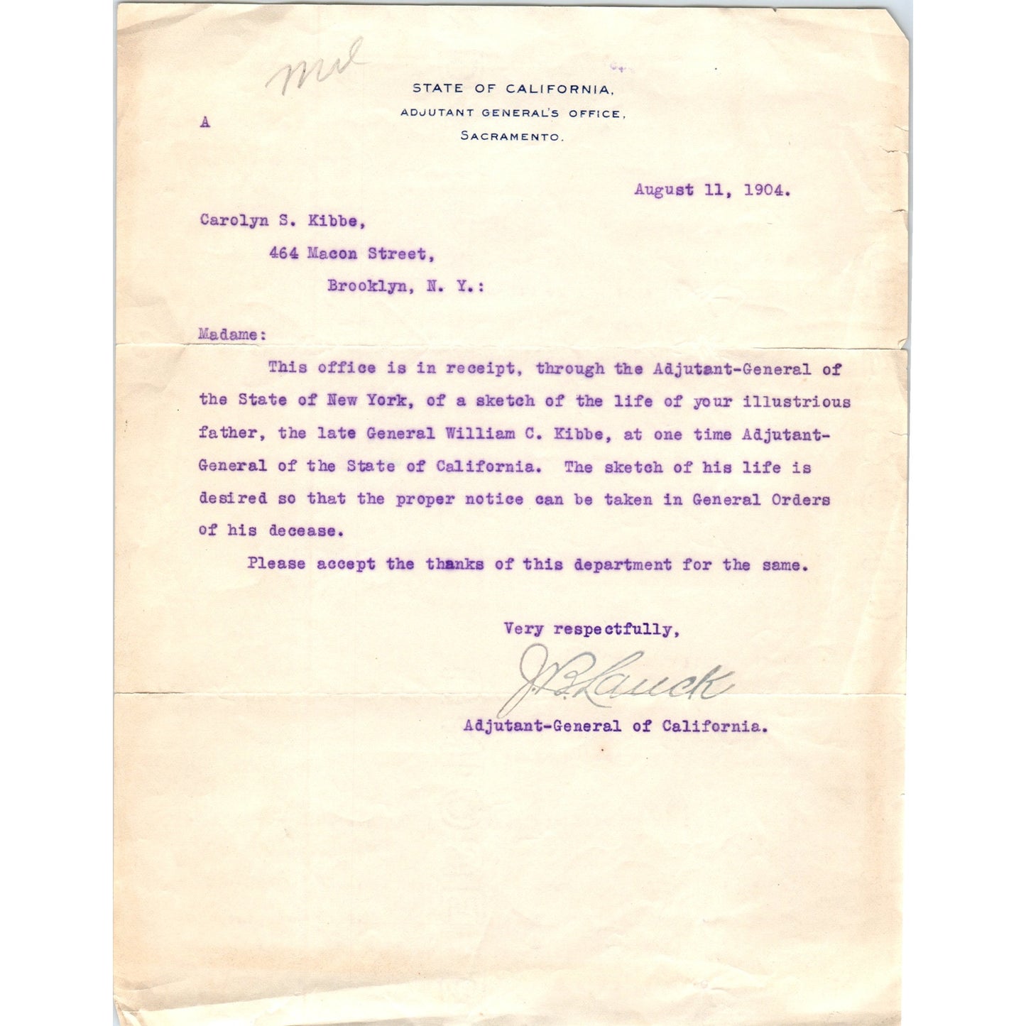 1904 Letter Adjutant-General of California Regarding Gen. William C. Kibbe D18
