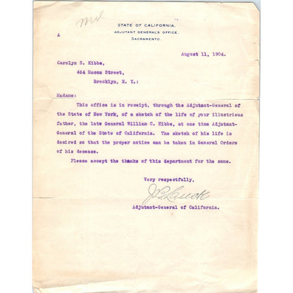 1904 Letter Adjutant-General of California Regarding Gen. William C. Kibbe D18