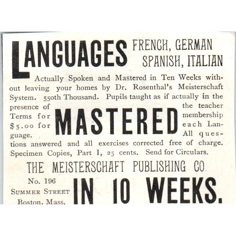 Master Language in 10 Weeks Meisterschaft Publishing c1890 Victorian Ad AE8-CH10