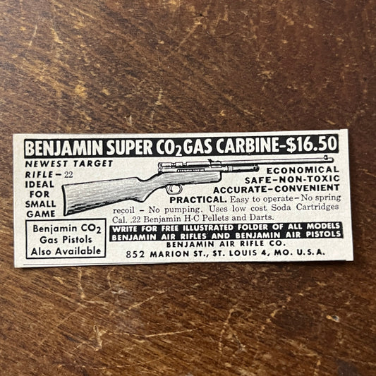 Benjamin Air Rifle Co Co2 Gas Carbine St. Louis MO 1955 Ad AF9-S8