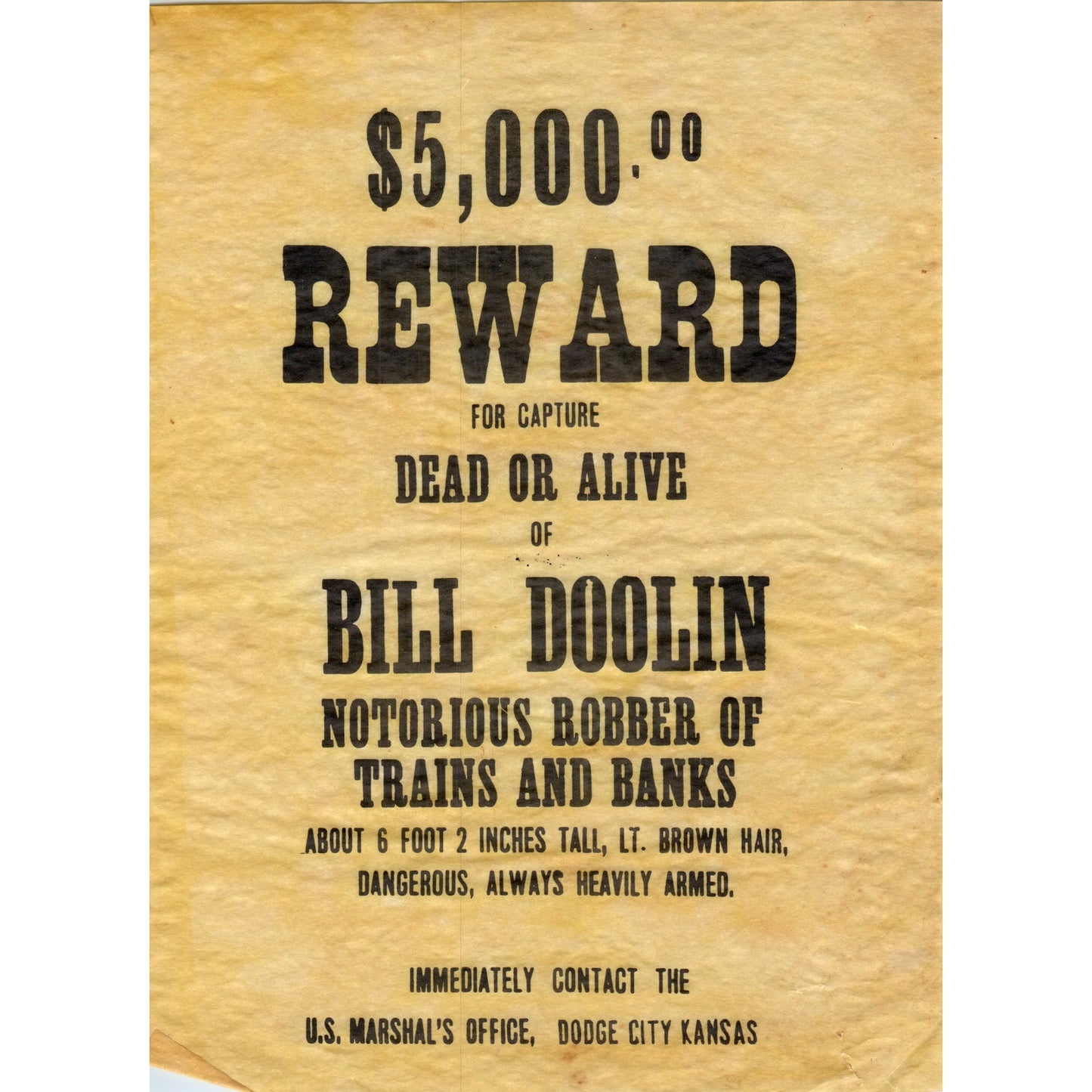 Vintage Reproduction Bill Doolin Wanted Poster Dodge City Kansas D23