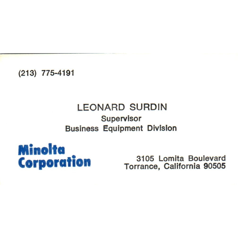 Leonard Surdin Minolta Business Systems Torrance CA Vintage Business Card SE3-B2