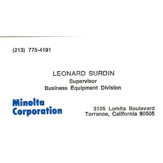 Leonard Surdin Minolta Business Systems Torrance CA Vintage Business Card SE3-B2