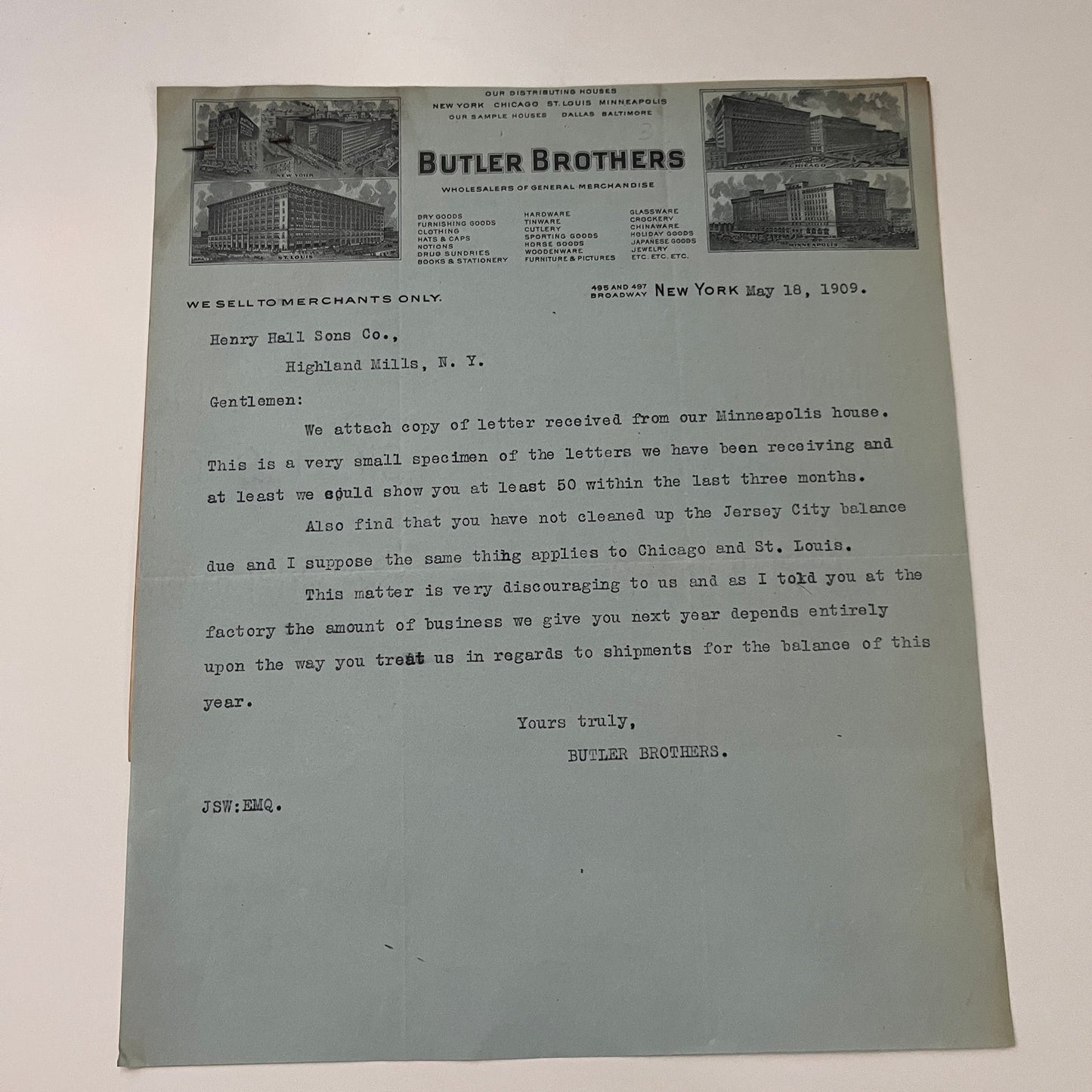 Butler Brothers Wholesalers New York 1909 Two Page Billhead Receipt C15