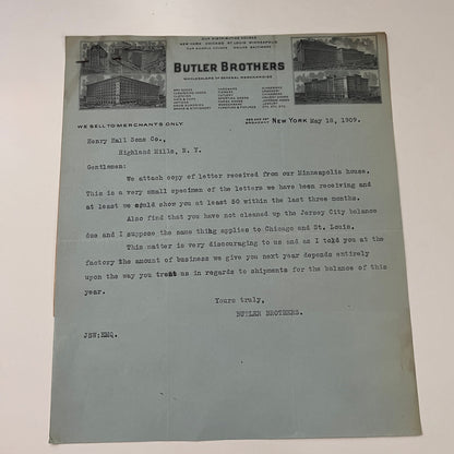 Butler Brothers Wholesalers New York 1909 Two Page Billhead Receipt C15