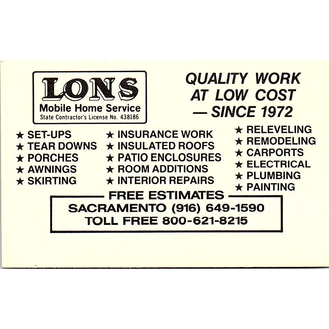 Lons Mobile Home Service Sacramento Vintage Business Card TH2-B1