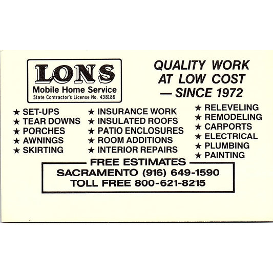 Lons Mobile Home Service Sacramento Vintage Business Card TH2-B1