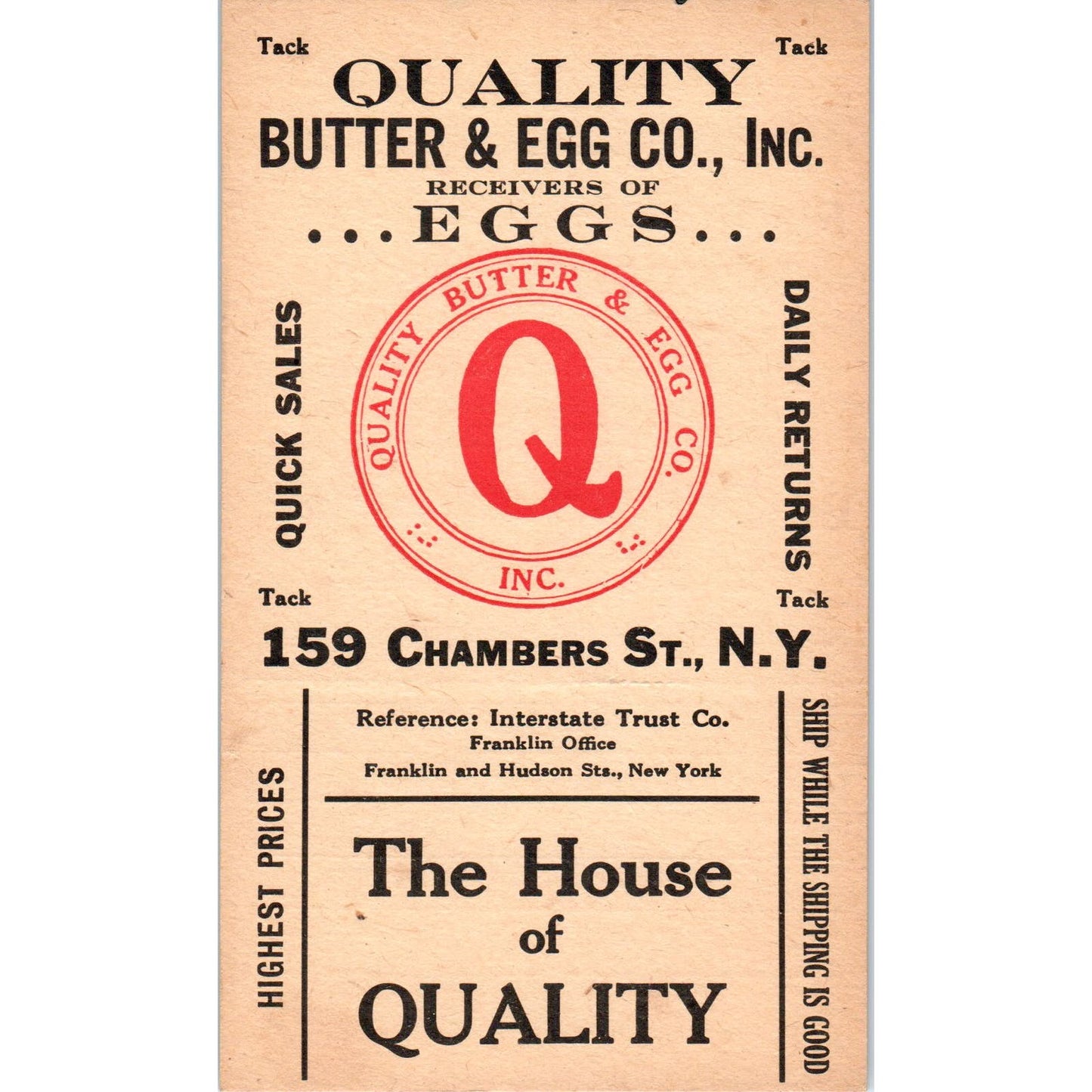 Vintage Quality Butter & Egg Co Chambers St. NY Shipping Card Blank AF1-RR1