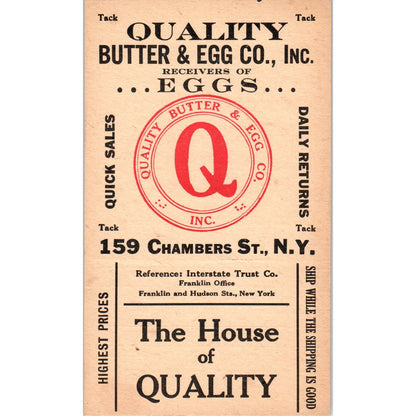 Vintage Quality Butter & Egg Co Chambers St. NY Shipping Card Blank AF1-RR1