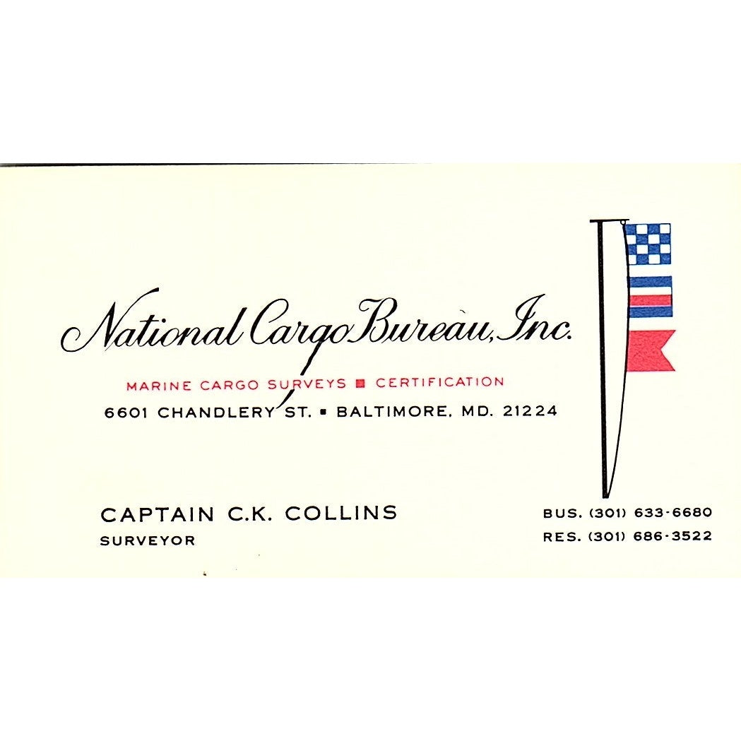 Captain C.K. Collins National Cargo Bureau Baltimore MD Vtg Business Card SD9-B9