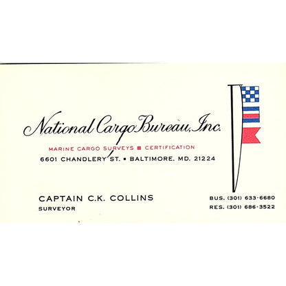 Captain C.K. Collins National Cargo Bureau Baltimore MD Vtg Business Card SD9-B9