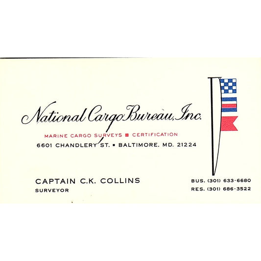 Captain C.K. Collins National Cargo Bureau Baltimore MD Vtg Business Card SD9-B9