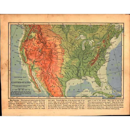 Physical Map of The United States 1901 Map V14-1