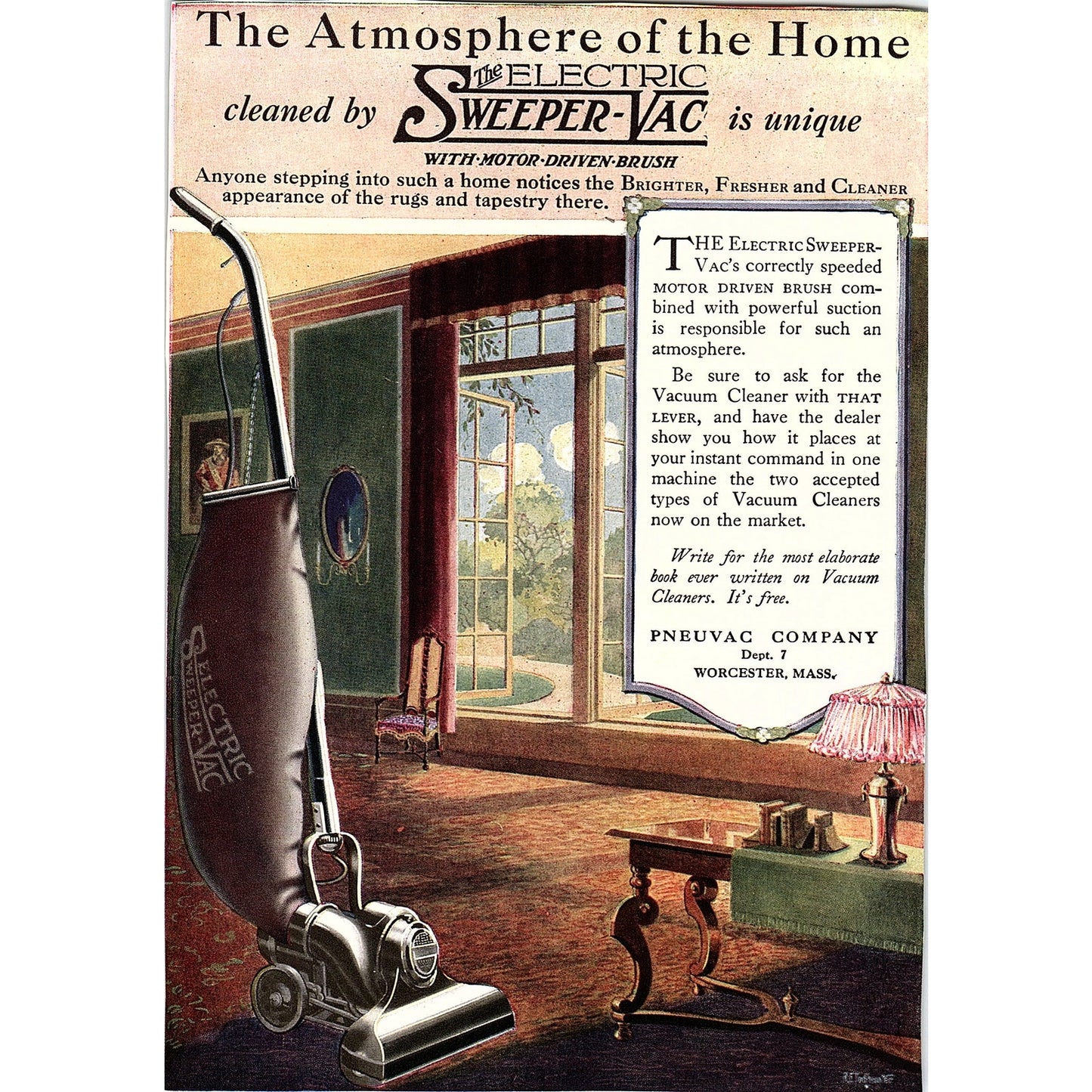 The Electric Sweeper-Vac Pneuvac Company Worcester MA c1920 Ad AF8-8