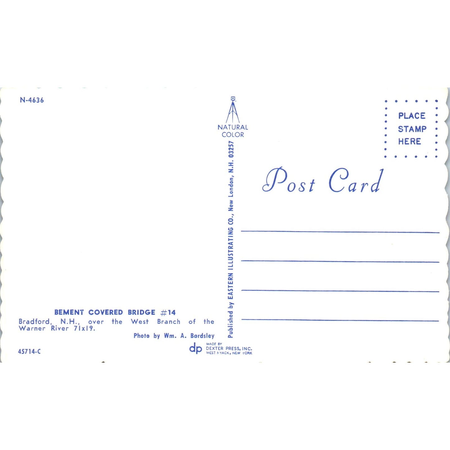 Bement #4 Bradford New Hampshire Covered Bridge Postcard PC3