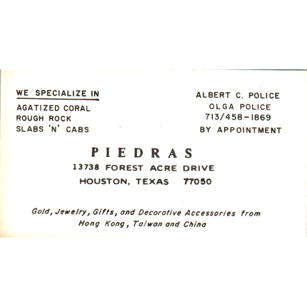 Piedra's Lapidary Albert & Olga Police Houston TX Vintage Business Card SD8-B6