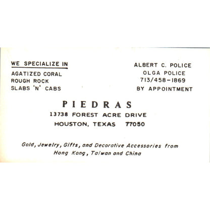 Piedra's Lapidary Albert & Olga Police Houston TX Vintage Business Card SD8-B6