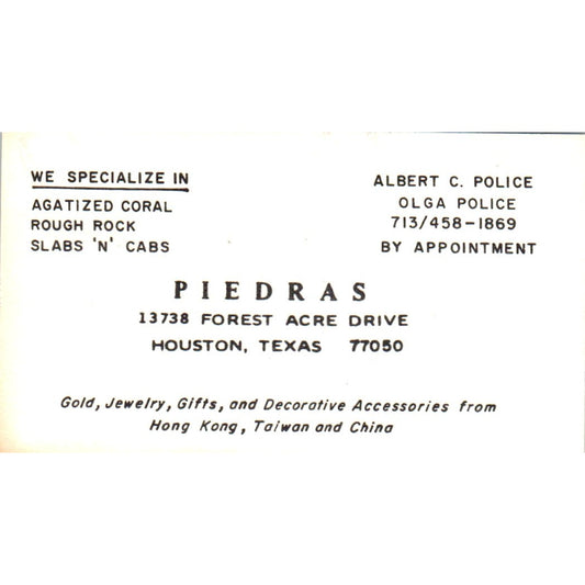 Piedra's Lapidary Albert & Olga Police Houston TX Vintage Business Card SD8-B6