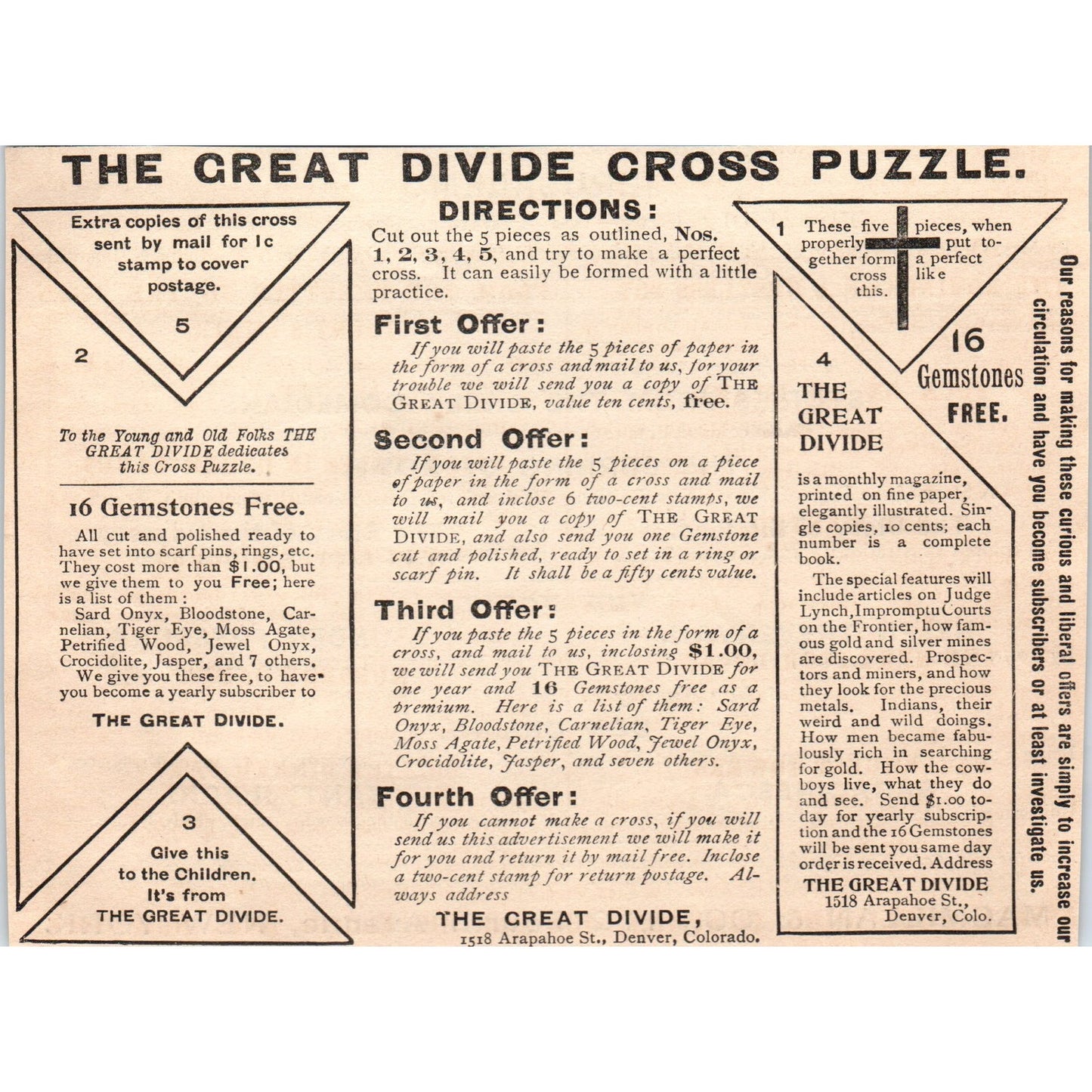 The Great Divide Cross Puzzle Denver Colorado 1892 Magazine Ad AK5-H8