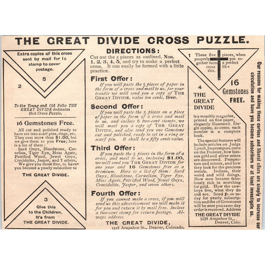 The Great Divide Cross Puzzle Denver Colorado 1892 Magazine Ad AK5-H8