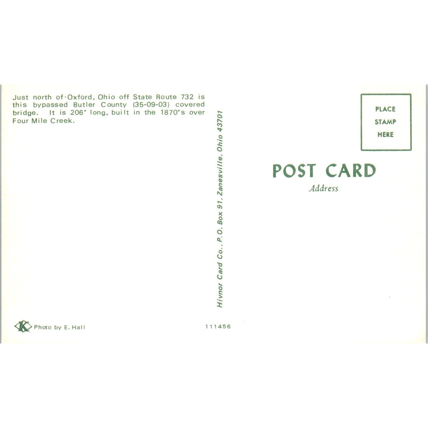 Four Mile Creek Oxford Ohio Covered Bridge Postcard PB10