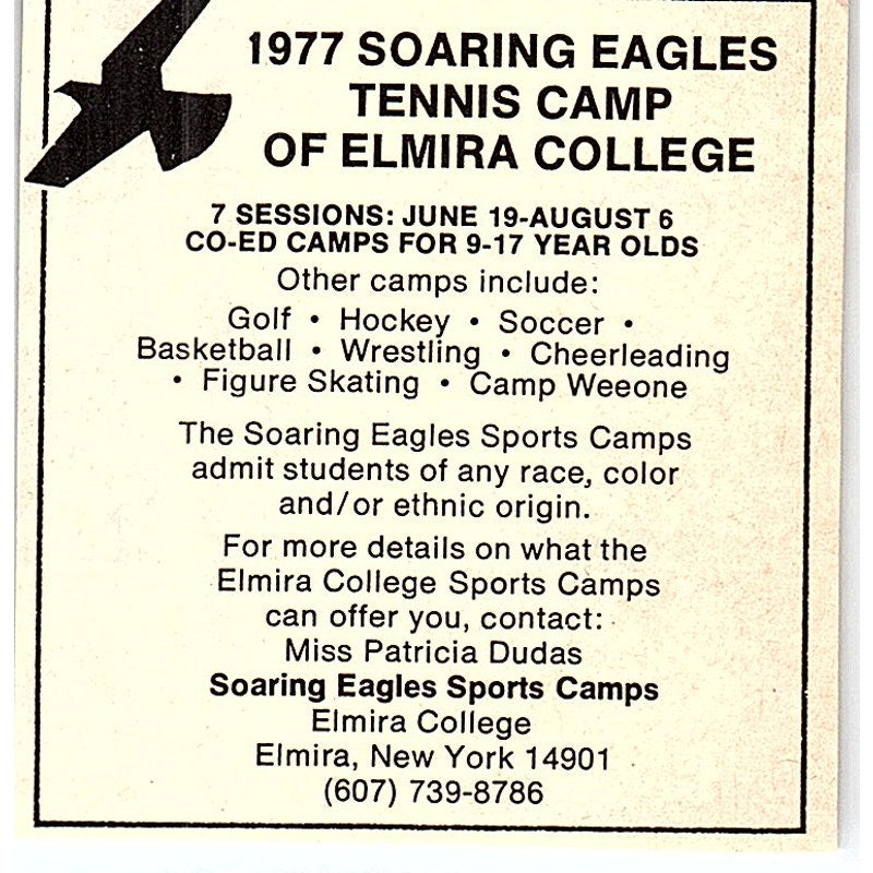 Soaring Eagles Tennis Camp of Elmira College NY Patricia Dudas 1977 Ad AF3-Q3
