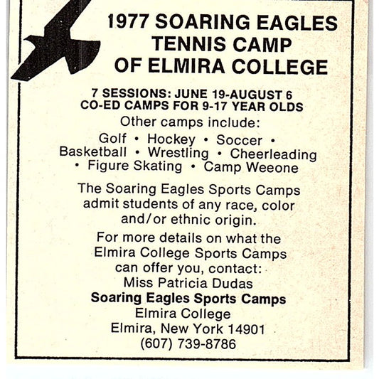 Soaring Eagles Tennis Camp of Elmira College NY Patricia Dudas 1977 Ad AF3-Q3