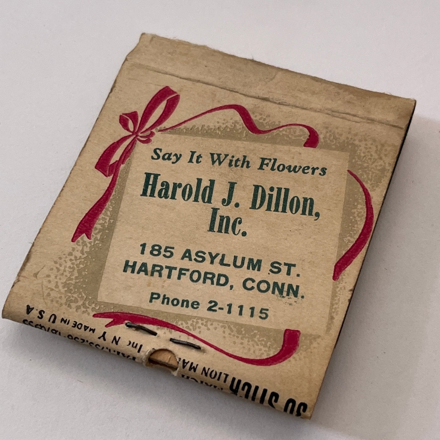 Harold J Dillon Inc 185 Asylum St Hartford CT Vintage Matchbook Cover TB8-MB2-10