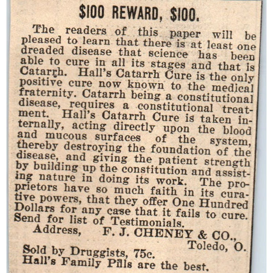 Hall's Catarrh Cure F.J. Cheney & Co Toledo OH 1898 Newspaper Clip AF7-SS9