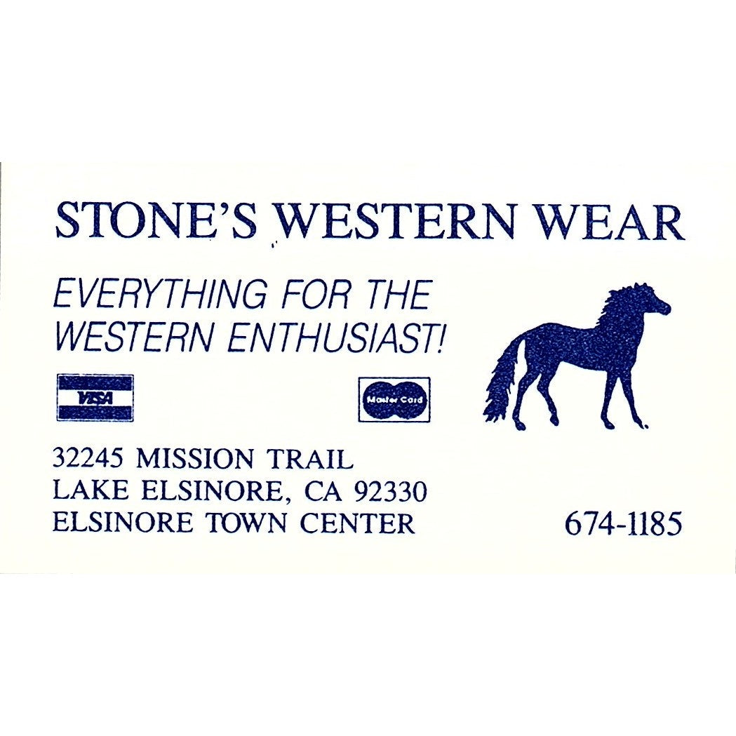 Stone's Western Wear Lake Elsinore CA Vintage Business Card SC9-B10