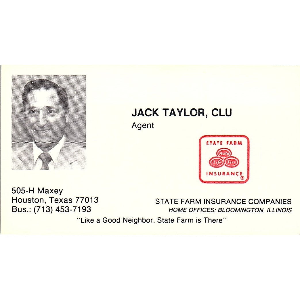 Jack Taylor CLU State Farm Agent Houston Vintage Business Card SD9-B6