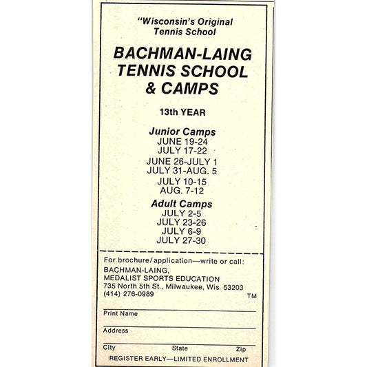 Bachman-Laing Tennis School & Camps Milwaukee WI 1977 Ad AF3-Q1