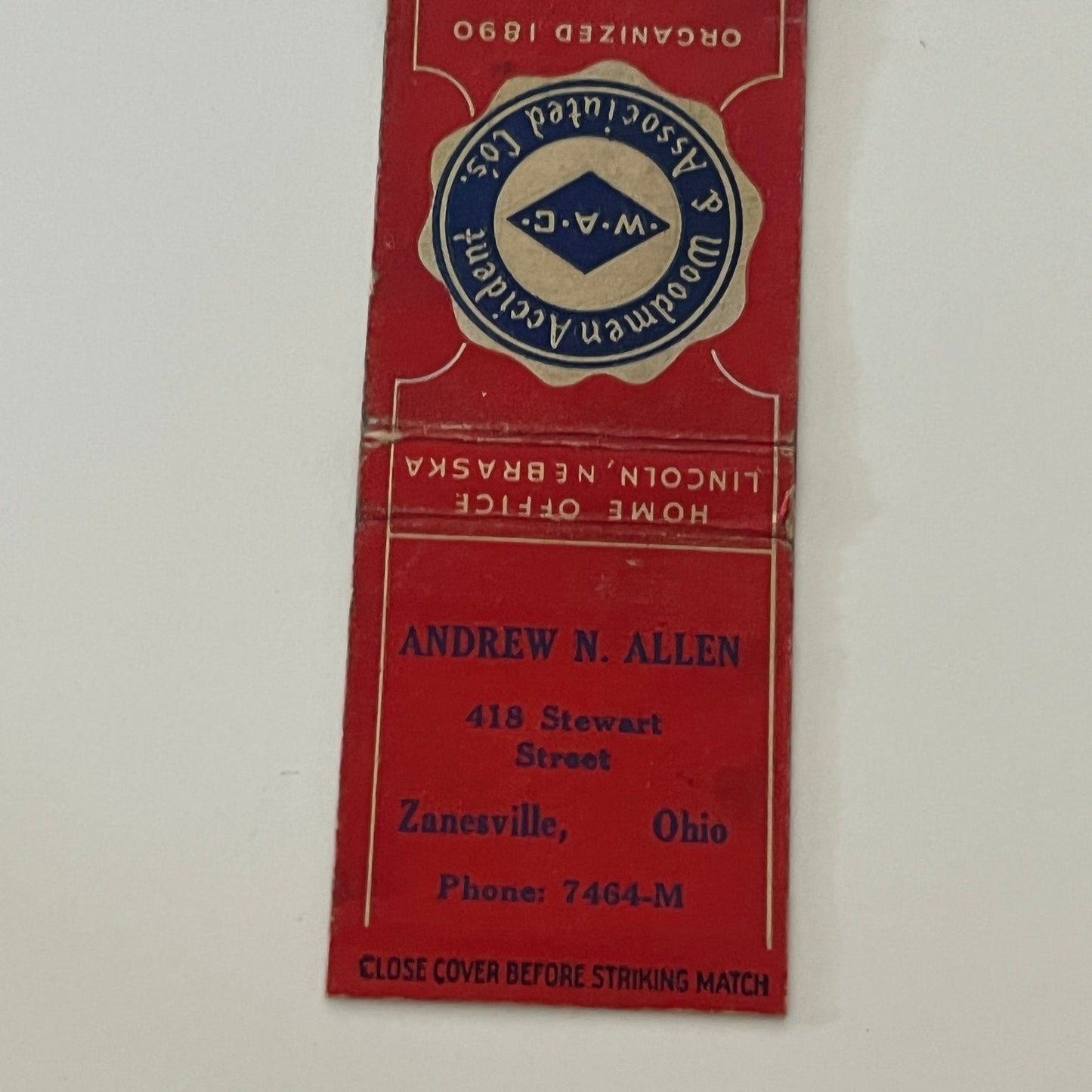 Andrew N Allen Woodmen Accident & Associated Zanesville OH Matchbook MM5-9