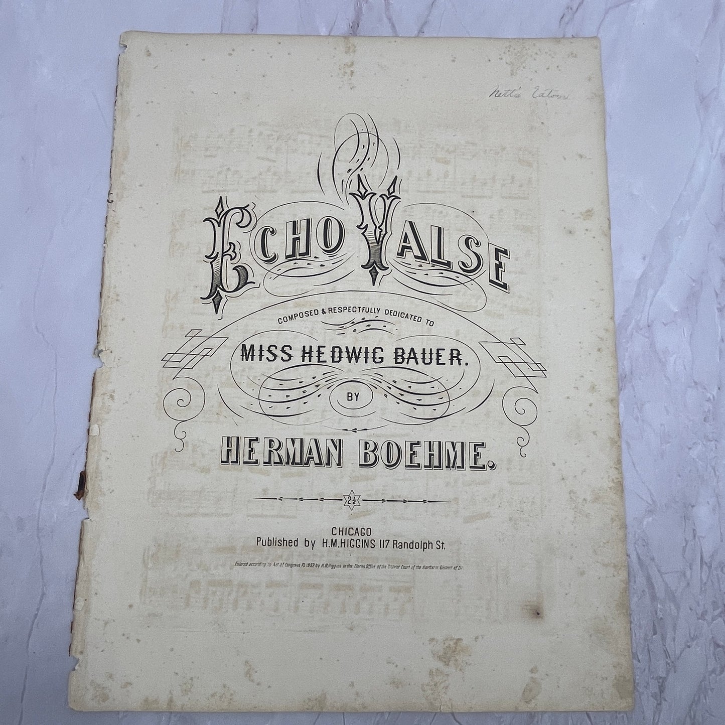 1862 Echo Valse Hedwig Bauer Herman Boehme Civil War Sheet Music V16