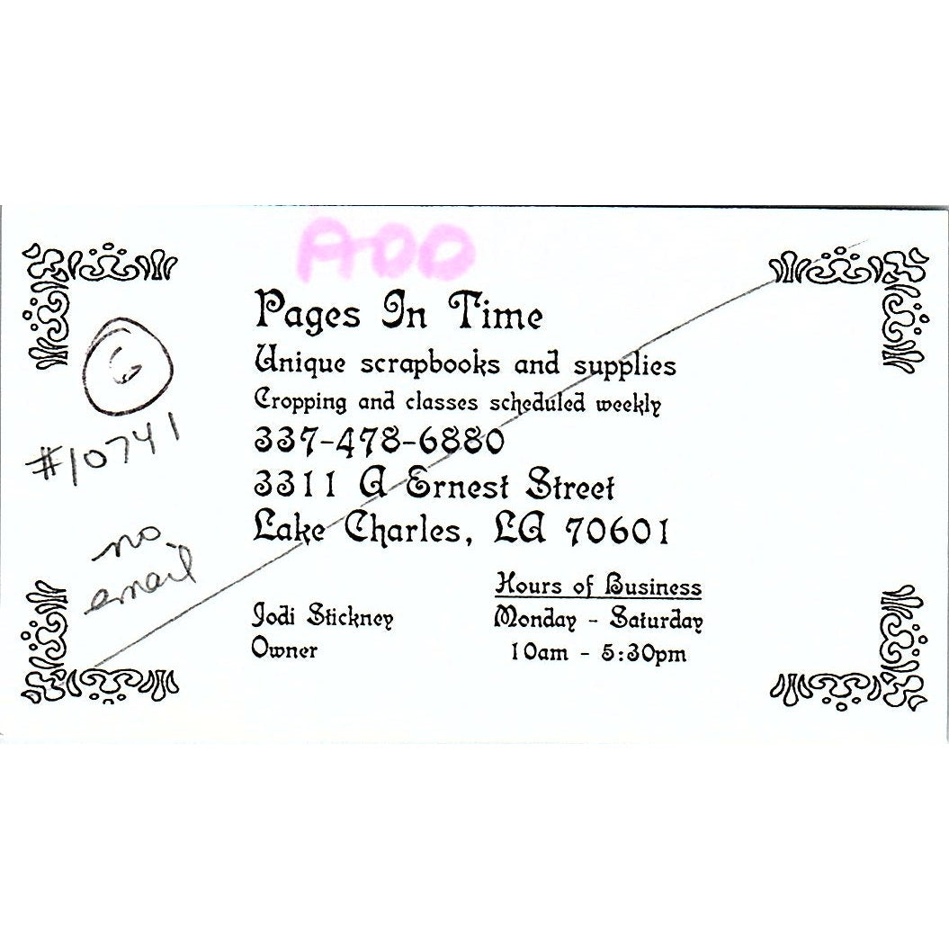 Jodi Stickney Pages In Time Lake Charles LA Vintage Business Card SC9-B11