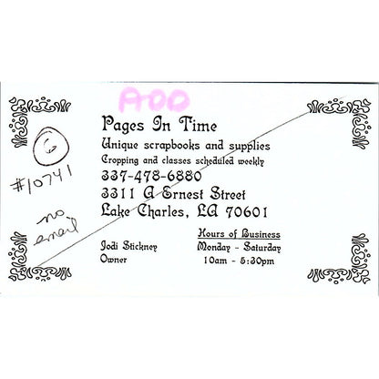 Jodi Stickney Pages In Time Lake Charles LA Vintage Business Card SC9-B11