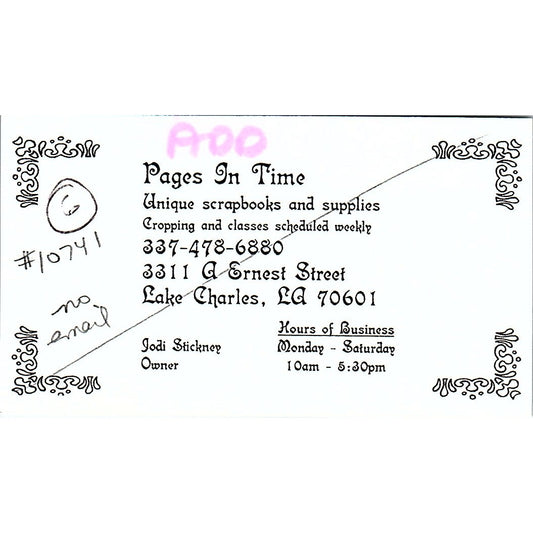 Jodi Stickney Pages In Time Lake Charles LA Vintage Business Card SC9-B11