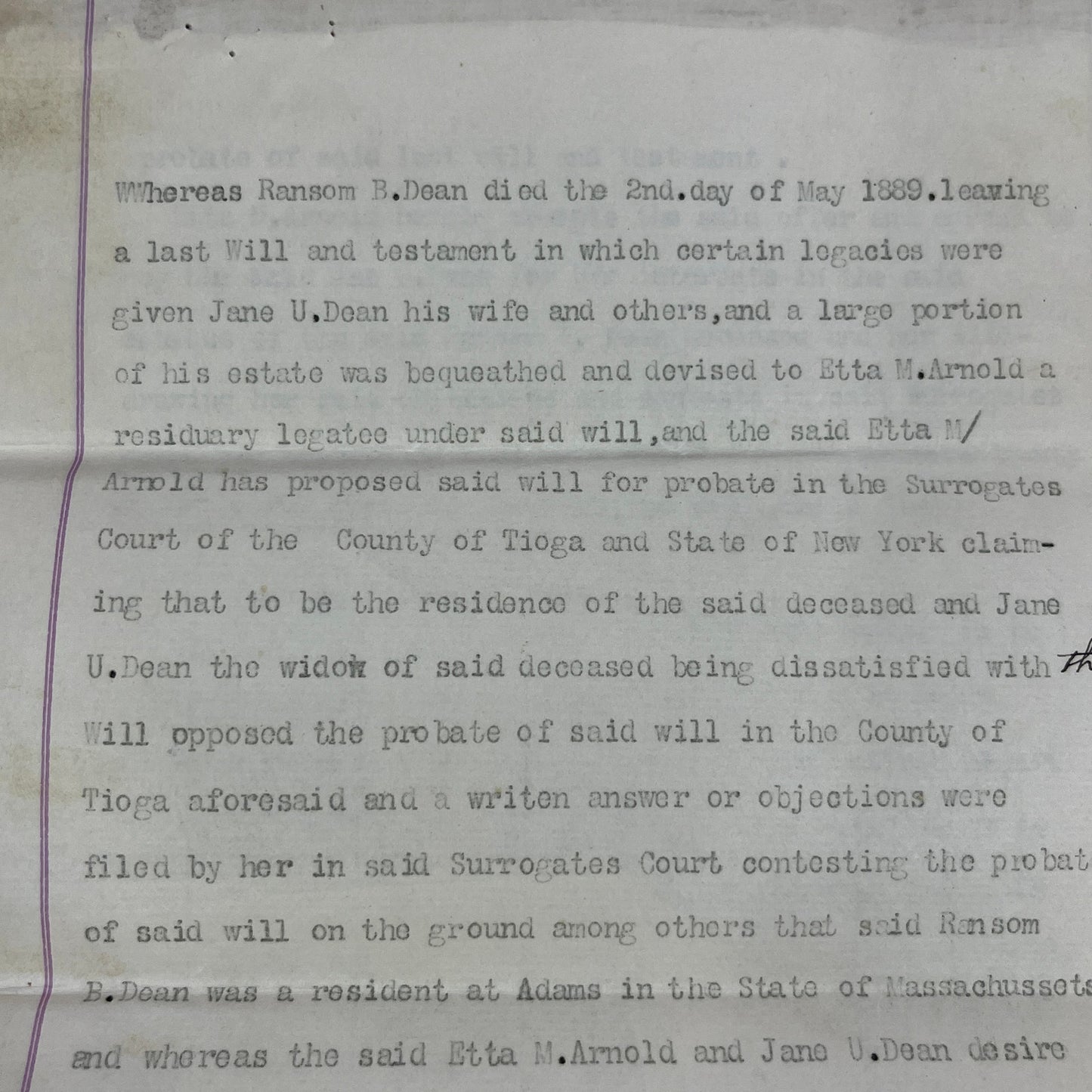 1889 Last Will and Testament Ransom B. Dean, Etta M. Arnold New York MA TJ5-E2