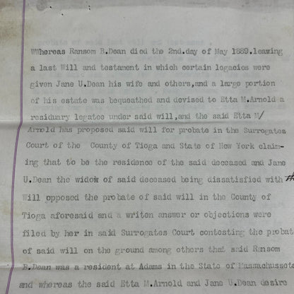 1889 Last Will and Testament Ransom B. Dean, Etta M. Arnold New York MA TJ5-E2